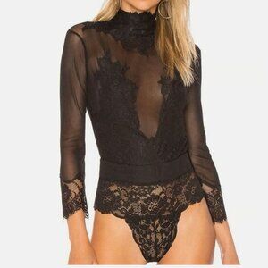 Free People Take HAH Bow Reversible Bodysuit Black Noir Sheer Lace XS #64817